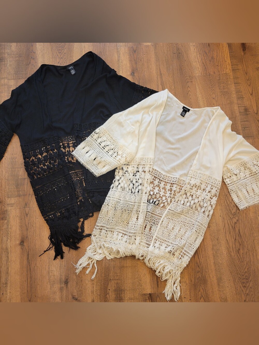Women's Crochet Fringe Kimono Cardigan - Black and Cream